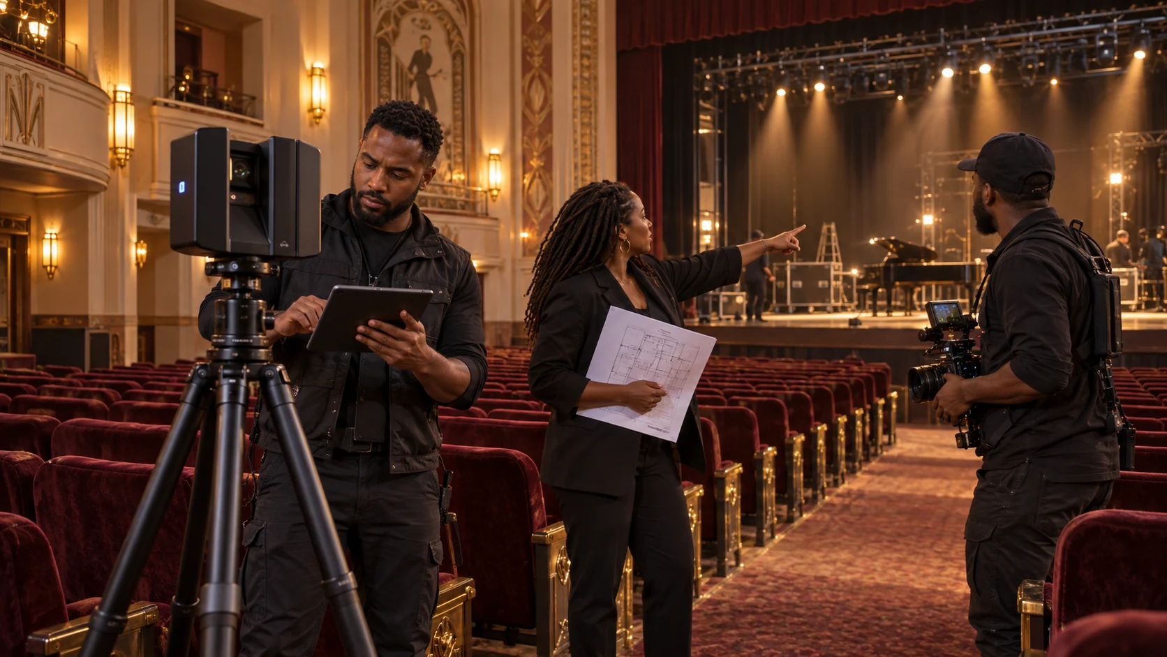 Illustrative capture technician, venue lead and cinematographer working together in a theatre