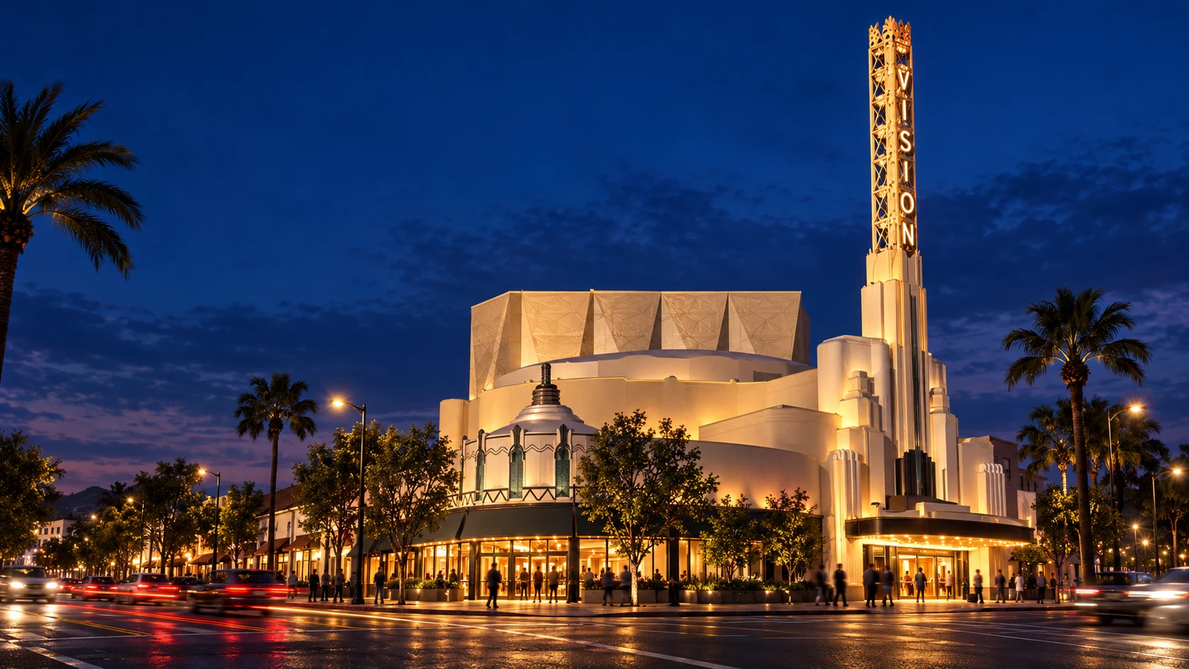 Artistic concept of Vision Theatre’s exterior and iconic tower at blue hour