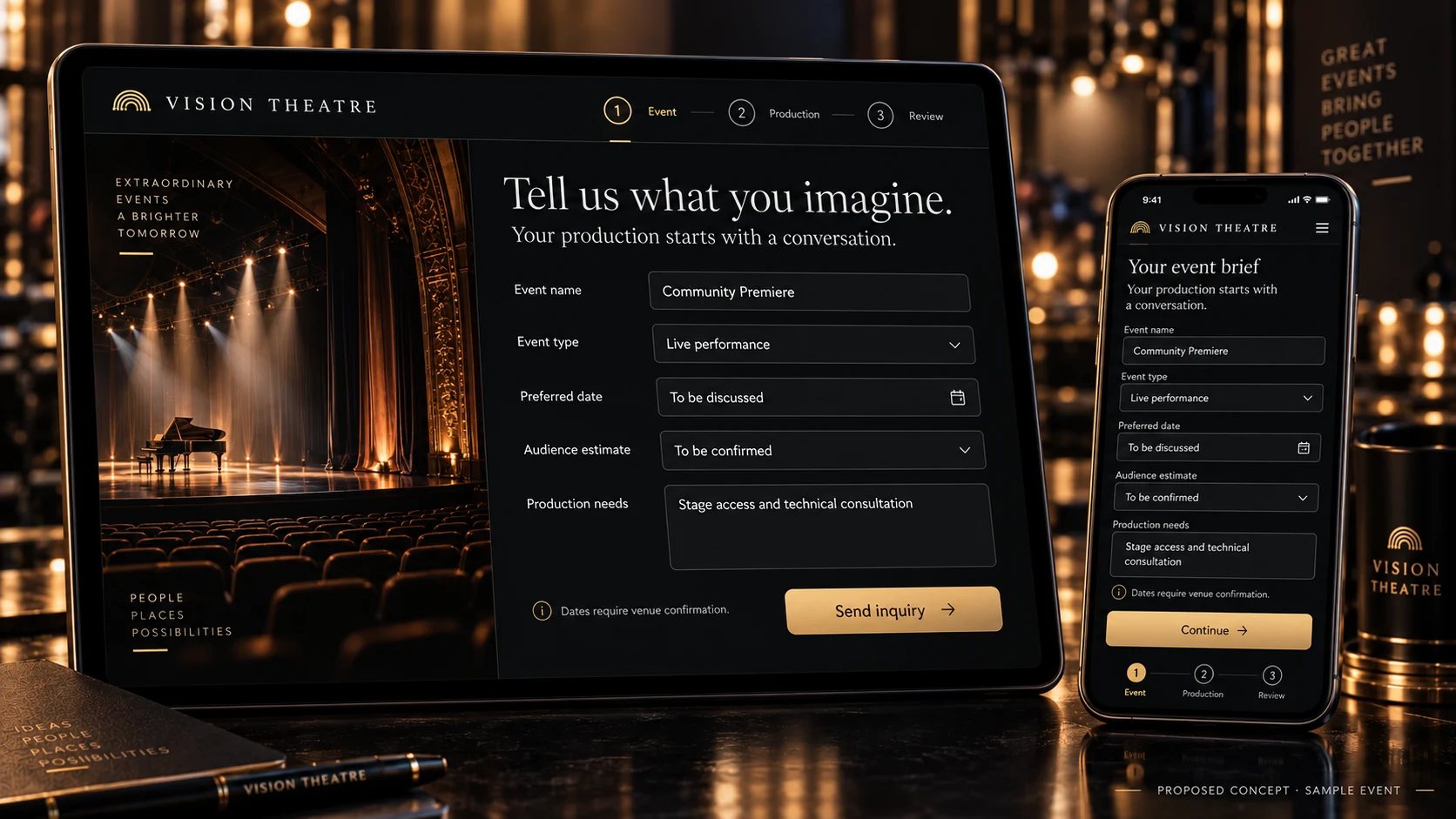 Proposed event inquiry form on tablet and phone