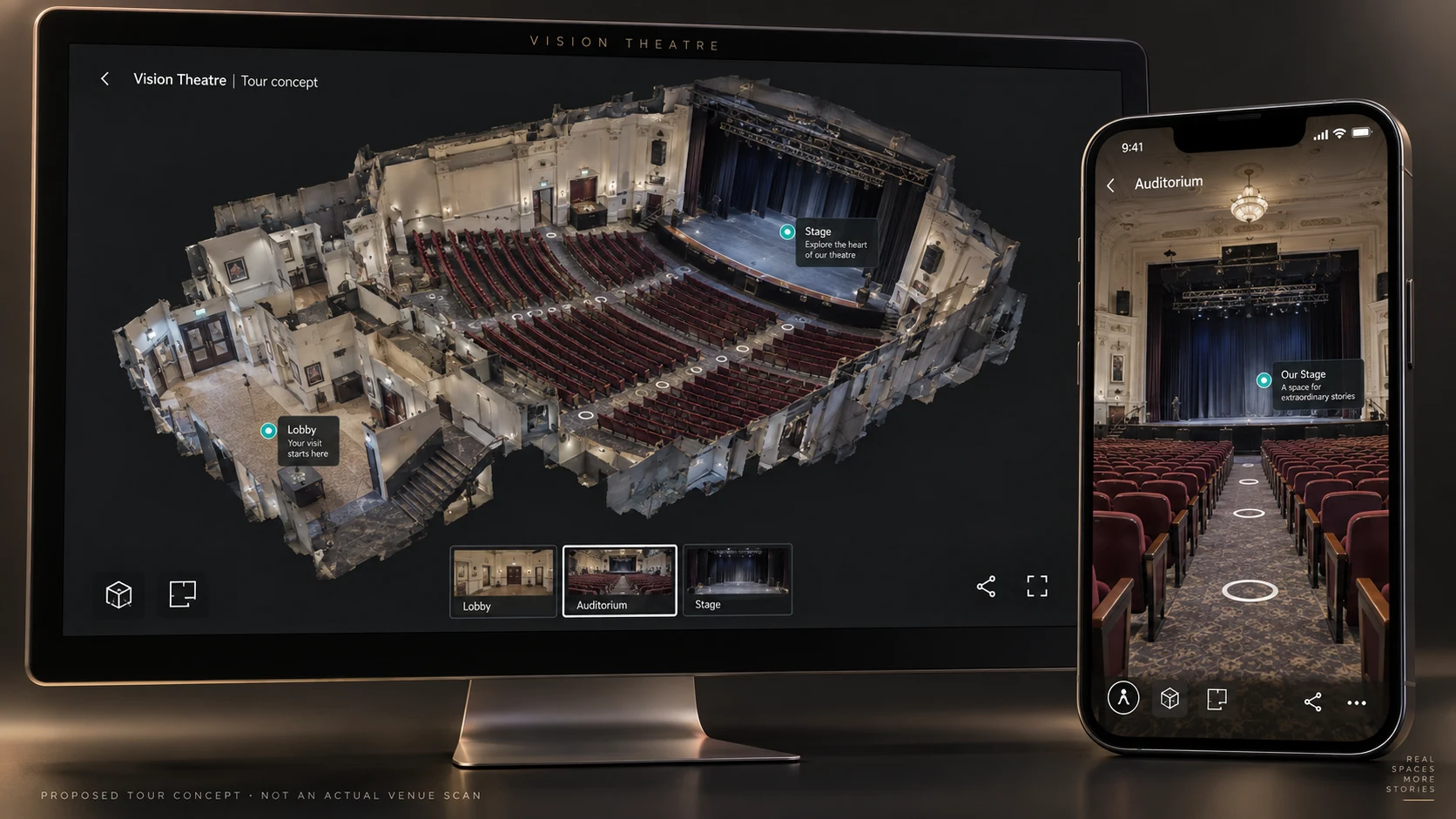 Matterport-style textured dollhouse on desktop and immersive auditorium view on phone; proposed concept, not an actual scan.