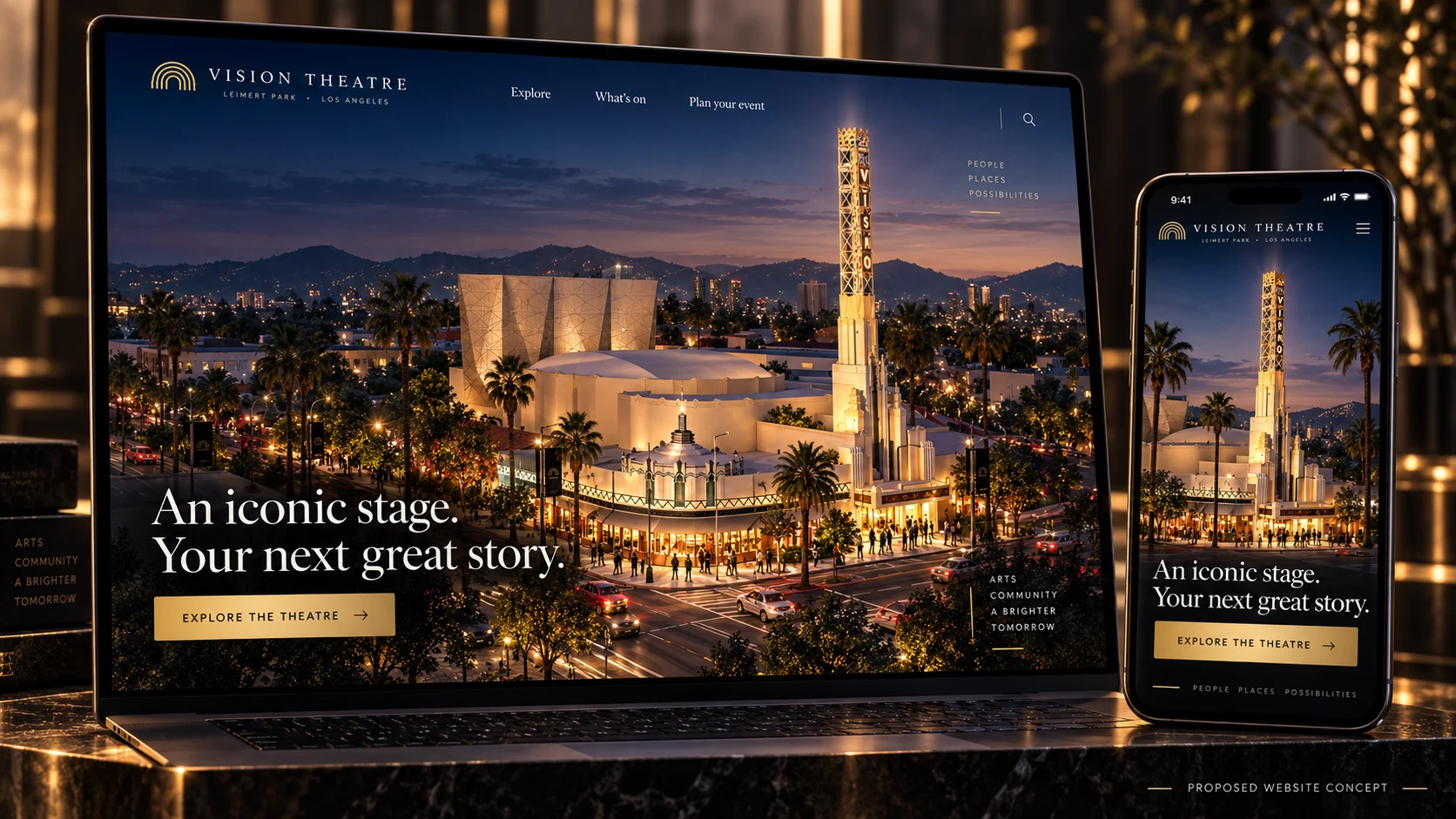 Luxury website concept featuring Vision Theatre’s exterior on desktop and phone.